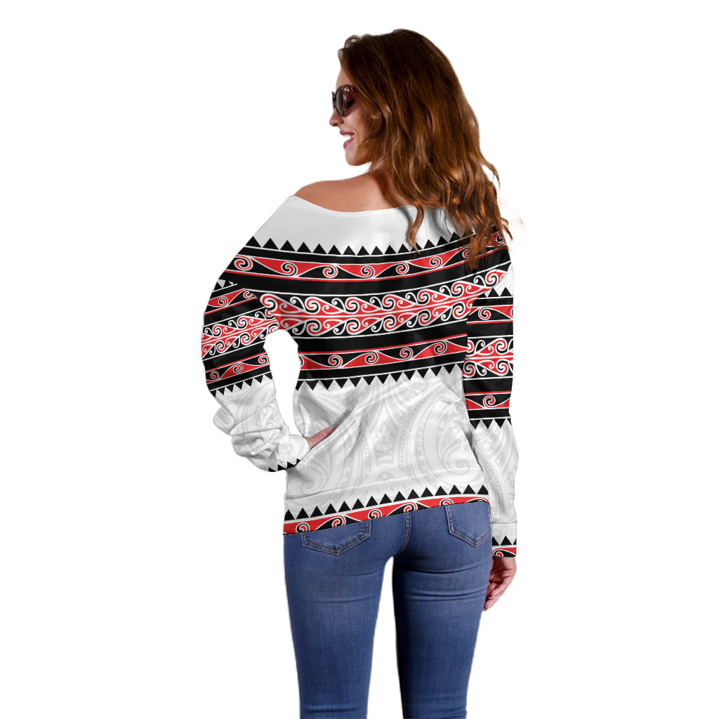 New Zealand Aotearoa Off Shoulder Sweater With Kowhaiwhai Pattern Red Version LT05 - Polynesian Pride