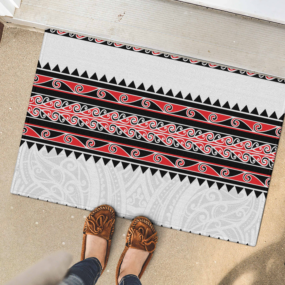 New Zealand Aotearoa Rubber Doormat With Kowhaiwhai Pattern Red Version LT05 - Polynesian Pride