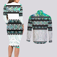 New Zealand Aotearoa Couples Matching Long Sleeve Bodycon Dress and Long Sleeve Button Shirt With Paua Shell Kowhaiwhai Pattern LT05 - Polynesian Pride