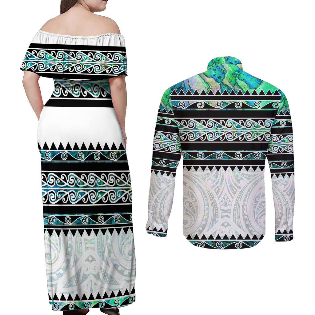 New Zealand Aotearoa Couples Matching Off Shoulder Maxi Dress and Long Sleeve Button Shirt With Paua Shell Kowhaiwhai Pattern LT05 - Polynesian Pride