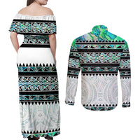 New Zealand Aotearoa Couples Matching Off Shoulder Maxi Dress and Long Sleeve Button Shirt With Paua Shell Kowhaiwhai Pattern LT05 - Polynesian Pride