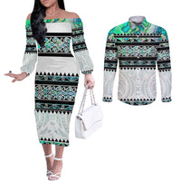 New Zealand Aotearoa Couples Matching Off The Shoulder Long Sleeve Dress and Long Sleeve Button Shirt With Paua Shell Kowhaiwhai Pattern LT05 Green - Polynesian Pride