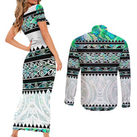 New Zealand Aotearoa Couples Matching Short Sleeve Bodycon Dress and Long Sleeve Button Shirt With Paua Shell Kowhaiwhai Pattern LT05 - Polynesian Pride