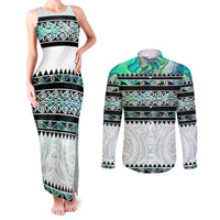 New Zealand Aotearoa Couples Matching Tank Maxi Dress and Long Sleeve Button Shirt With Paua Shell Kowhaiwhai Pattern LT05 Green - Polynesian Pride