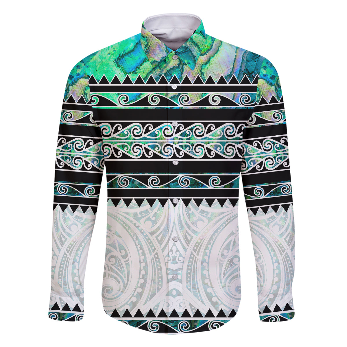 New Zealand Aotearoa Family Matching Off Shoulder Long Sleeve Dress and Hawaiian Shirt With Paua Shell Kowhaiwhai Pattern LT05 Dad's Shirt - Long Sleeve Green - Polynesian Pride