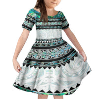 New Zealand Aotearoa Family Matching Off Shoulder Maxi Dress and Hawaiian Shirt With Paua Shell Kowhaiwhai Pattern LT05 Daughter's Dress Green - Polynesian Pride