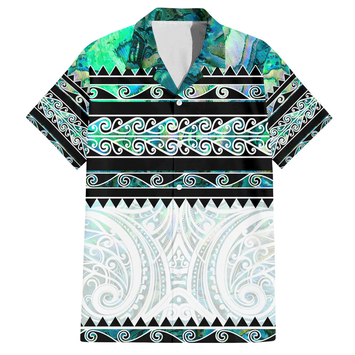New Zealand Aotearoa Family Matching Off Shoulder Short Dress and Hawaiian Shirt With Paua Shell Kowhaiwhai Pattern LT05 Dad's Shirt - Short Sleeve Green - Polynesian Pride