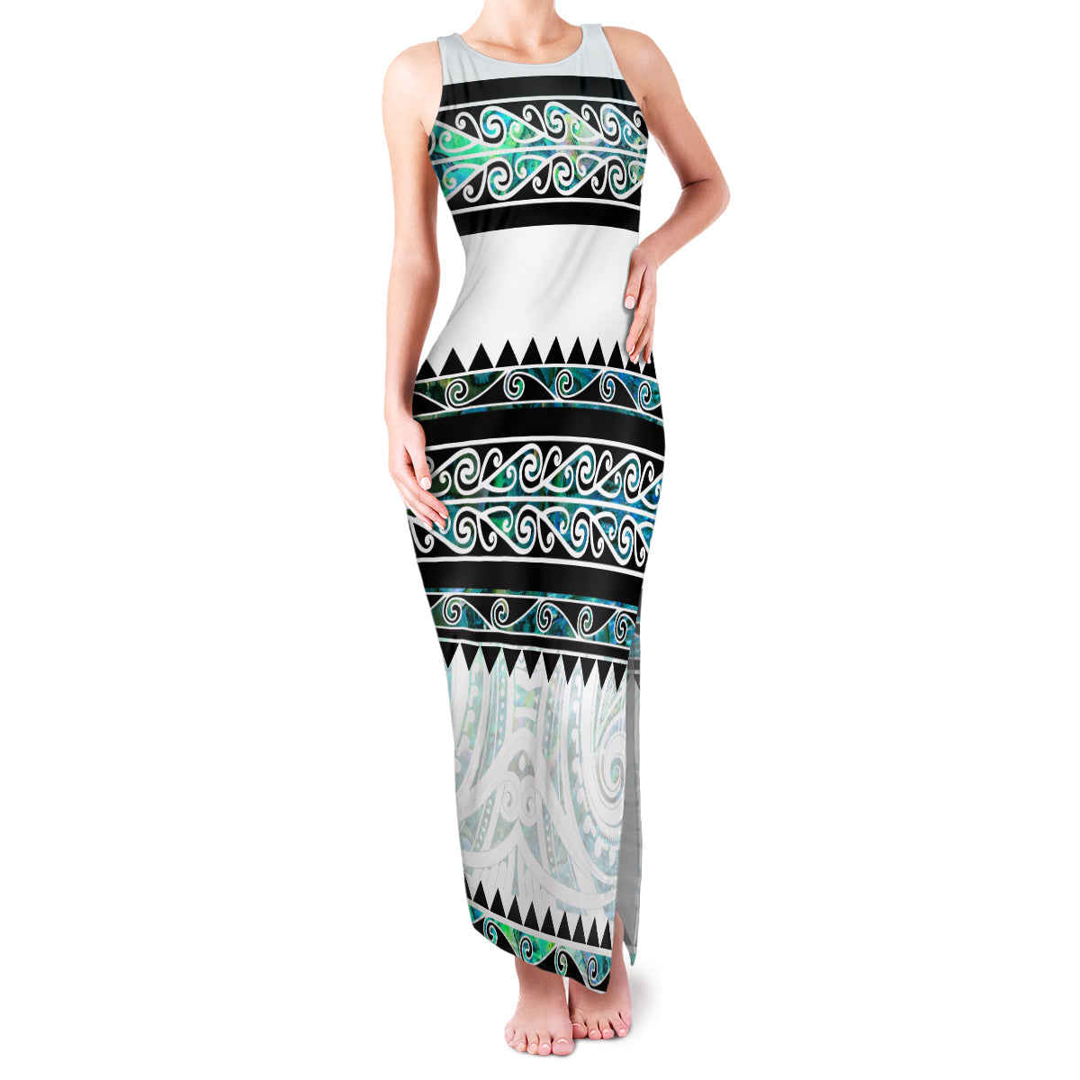 New Zealand Aotearoa Family Matching Tank Maxi Dress and Hawaiian Shirt With Paua Shell Kowhaiwhai Pattern LT05 Mom's Dress Green - Polynesian Pride