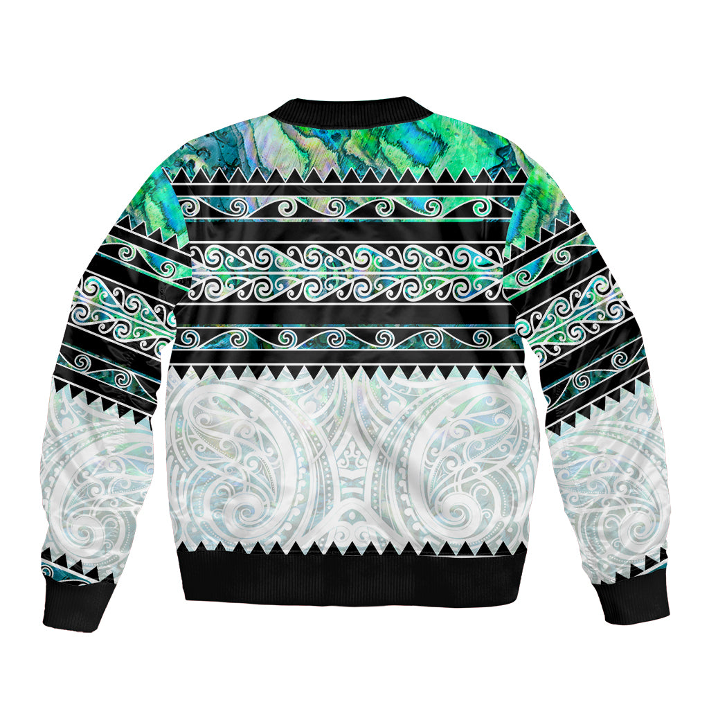 New Zealand Aotearoa Sleeve Zip Bomber Jacket With Paua Shell Kowhaiwhai Pattern LT05 - Polynesian Pride