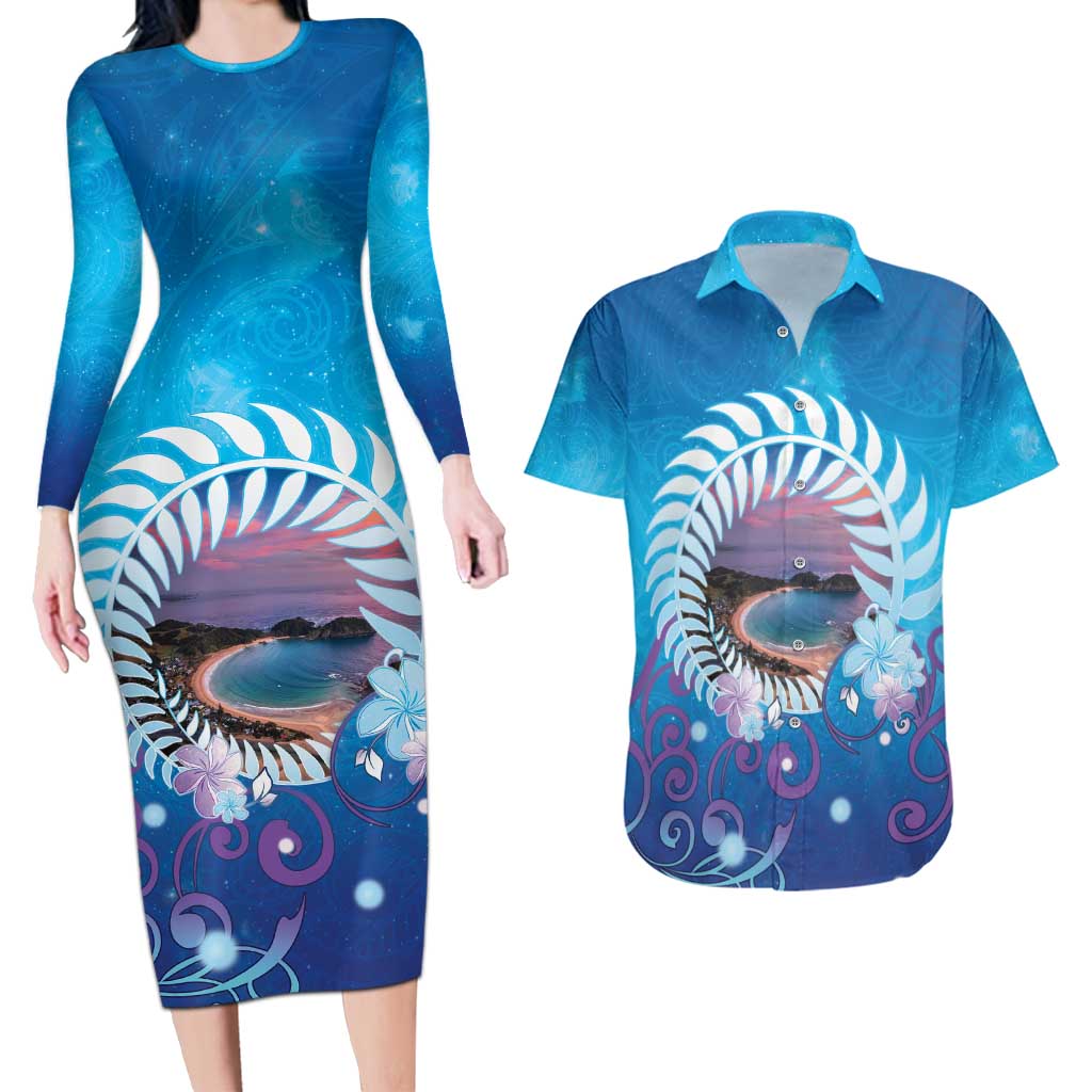 New Zealand Matapouri Beach Landscape Couples Matching Long Sleeve Bodycon Dress and Hawaiian Shirt LT05 Blue - Polynesian Pride