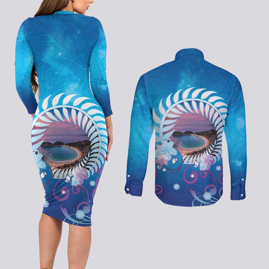 New Zealand Matapouri Beach Landscape Couples Matching Long Sleeve Bodycon Dress and Long Sleeve Button Shirt LT05 - Polynesian Pride