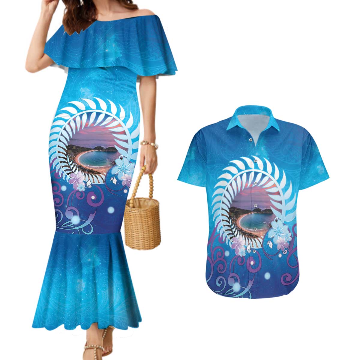New Zealand Matapouri Beach Landscape Couples Matching Mermaid Dress and Hawaiian Shirt LT05 Blue - Polynesian Pride