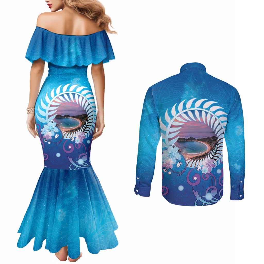 New Zealand Matapouri Beach Landscape Couples Matching Mermaid Dress and Long Sleeve Button Shirt LT05 - Polynesian Pride