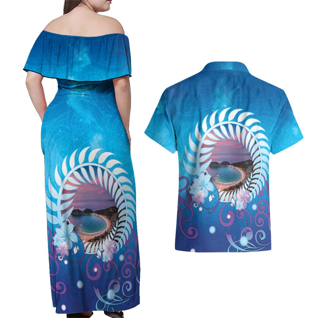 New Zealand Matapouri Beach Landscape Couples Matching Off Shoulder Maxi Dress and Hawaiian Shirt LT05 - Polynesian Pride