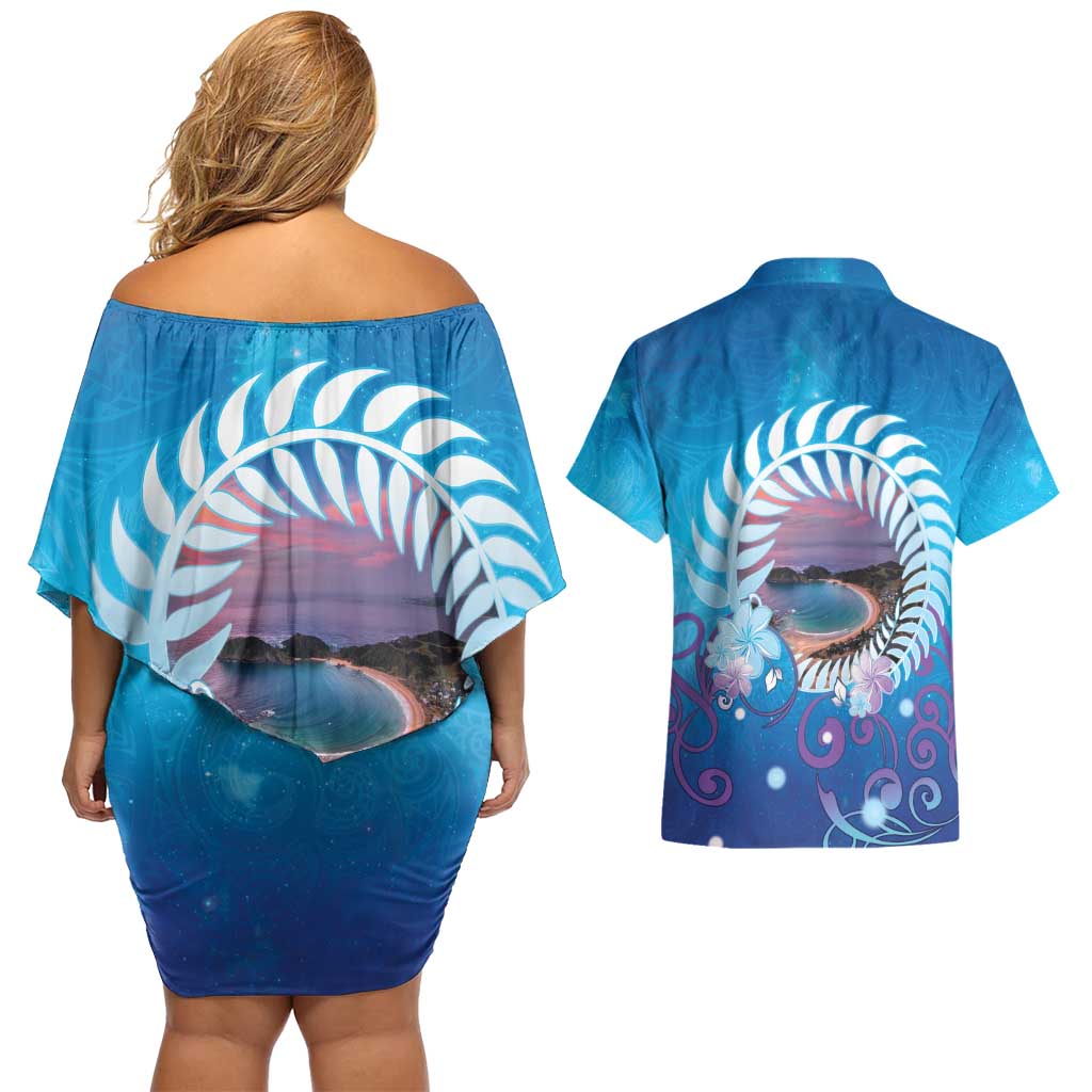 New Zealand Matapouri Beach Landscape Couples Matching Off Shoulder Short Dress and Hawaiian Shirt LT05 - Polynesian Pride