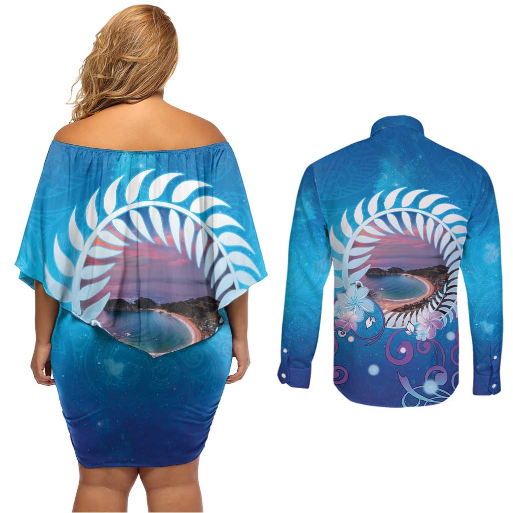New Zealand Matapouri Beach Landscape Couples Matching Off Shoulder Short Dress and Long Sleeve Button Shirt LT05 - Polynesian Pride