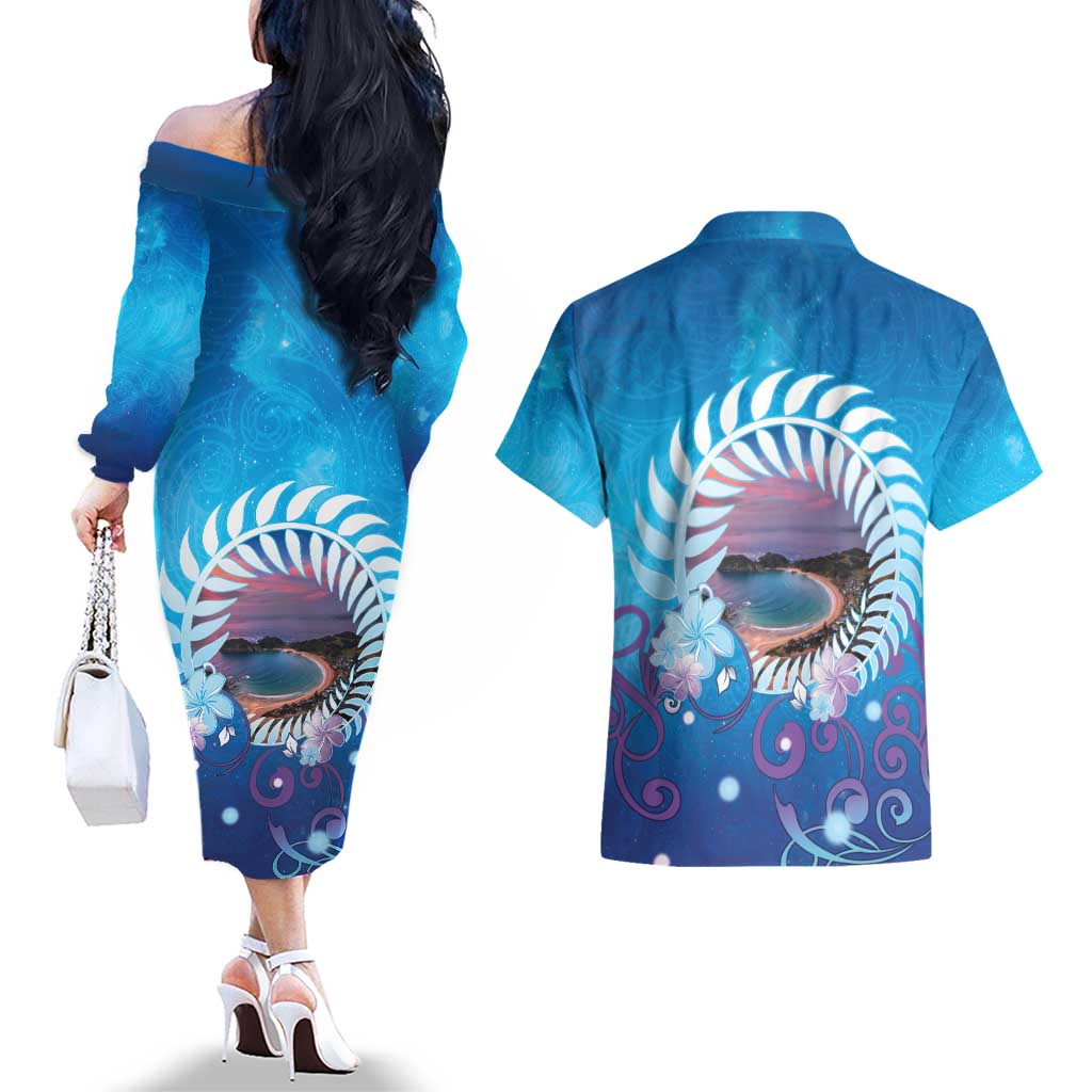 New Zealand Matapouri Beach Landscape Couples Matching Off The Shoulder Long Sleeve Dress and Hawaiian Shirt LT05 - Polynesian Pride