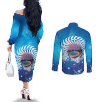New Zealand Matapouri Beach Landscape Couples Matching Off The Shoulder Long Sleeve Dress and Long Sleeve Button Shirt LT05 - Polynesian Pride