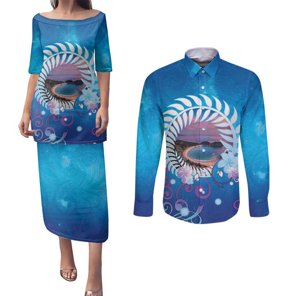 New Zealand Matapouri Beach Landscape Couples Matching Puletasi and Long Sleeve Button Shirt