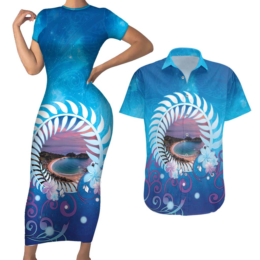 New Zealand Matapouri Beach Landscape Couples Matching Short Sleeve Bodycon Dress and Hawaiian Shirt LT05 Blue - Polynesian Pride