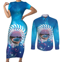 New Zealand Matapouri Beach Landscape Couples Matching Short Sleeve Bodycon Dress and Long Sleeve Button Shirt LT05 Blue - Polynesian Pride