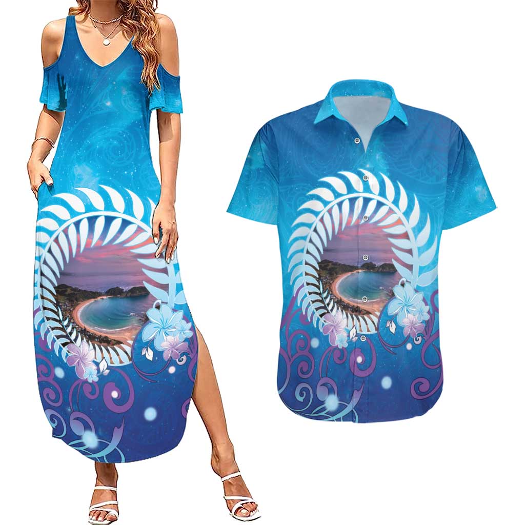 New Zealand Matapouri Beach Landscape Couples Matching Summer Maxi Dress and Hawaiian Shirt LT05 Blue - Polynesian Pride
