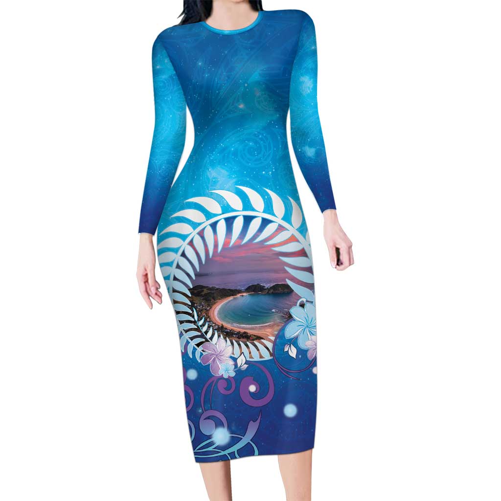 New Zealand Matapouri Beach Landscape Family Matching Long Sleeve Bodycon Dress and Hawaiian Shirt LT05 Mom's Dress Blue - Polynesian Pride