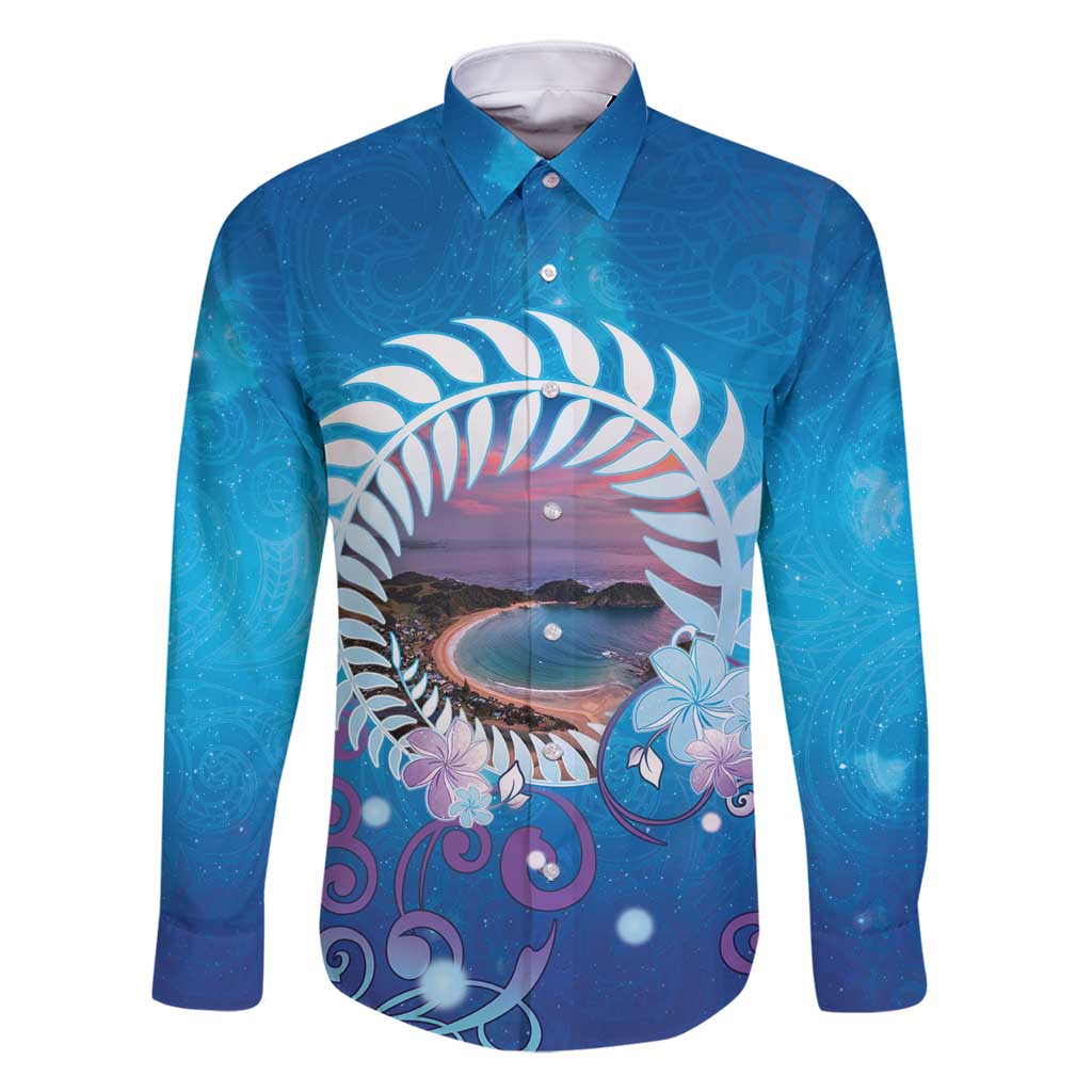 New Zealand Matapouri Beach Landscape Family Matching Mermaid Dress and Hawaiian Shirt LT05 Dad's Shirt - Long Sleeve Blue - Polynesian Pride