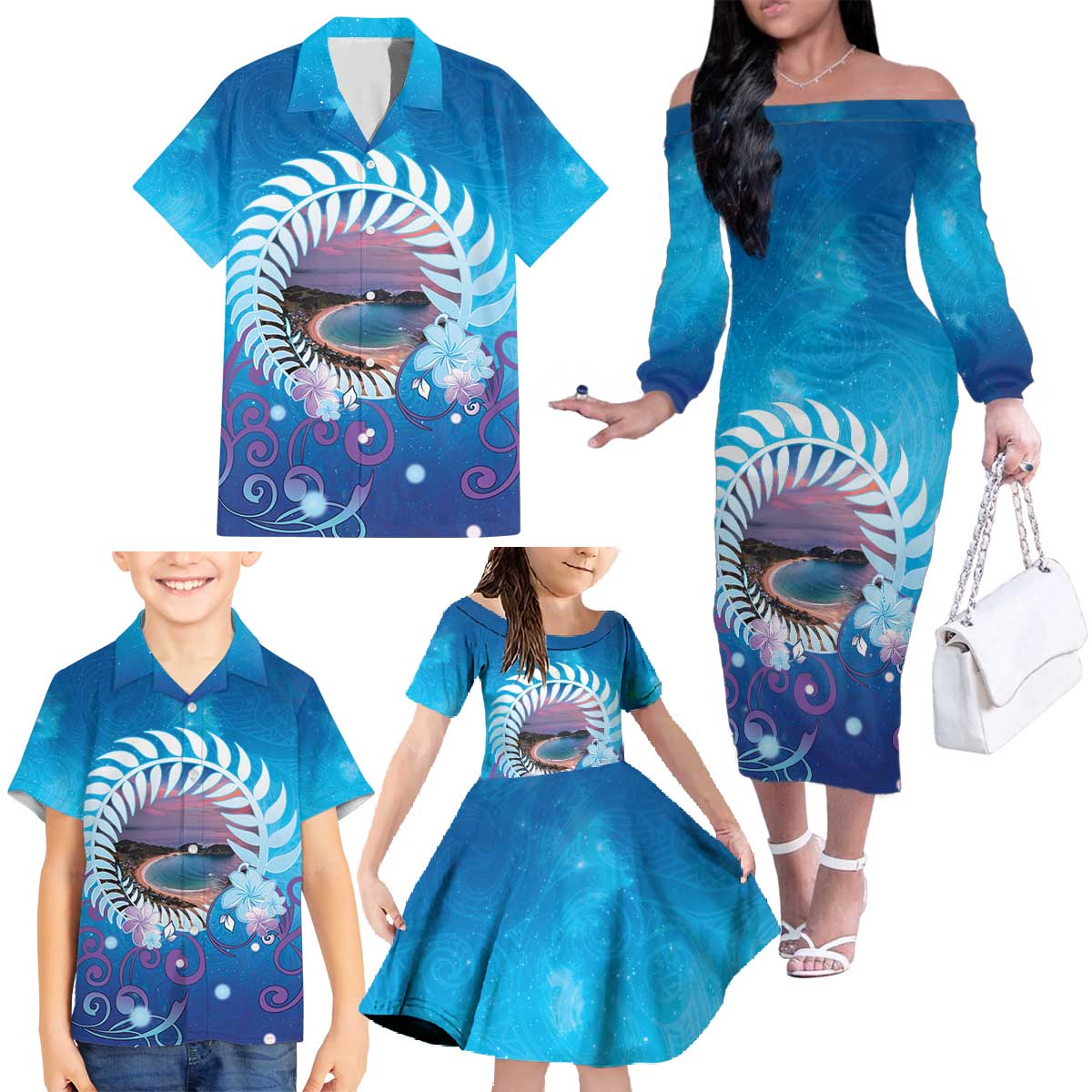 New Zealand Matapouri Beach Landscape Family Matching Off The Shoulder Long Sleeve Dress and Hawaiian Shirt LT05 - Polynesian Pride