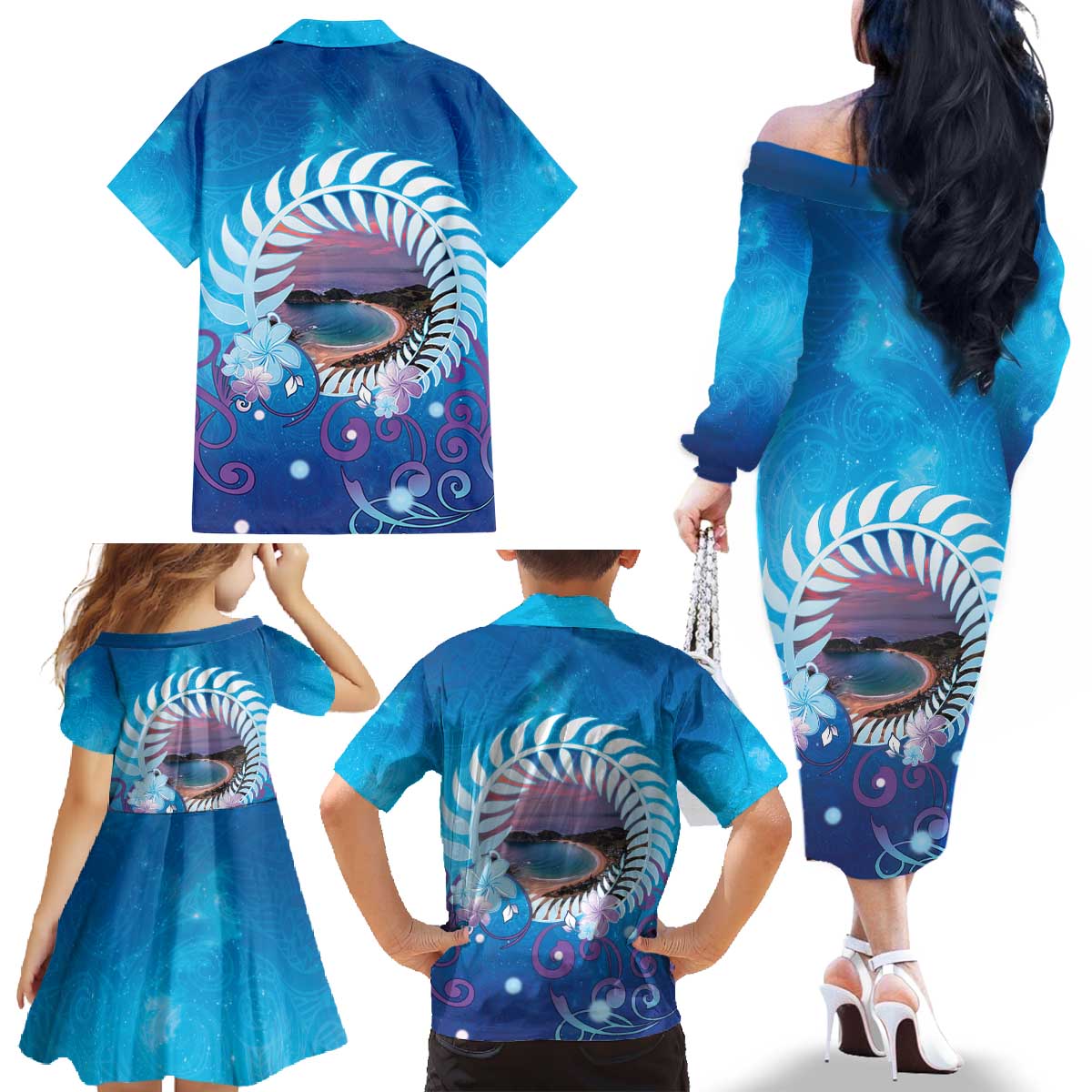 New Zealand Matapouri Beach Landscape Family Matching Off The Shoulder Long Sleeve Dress and Hawaiian Shirt LT05 - Polynesian Pride