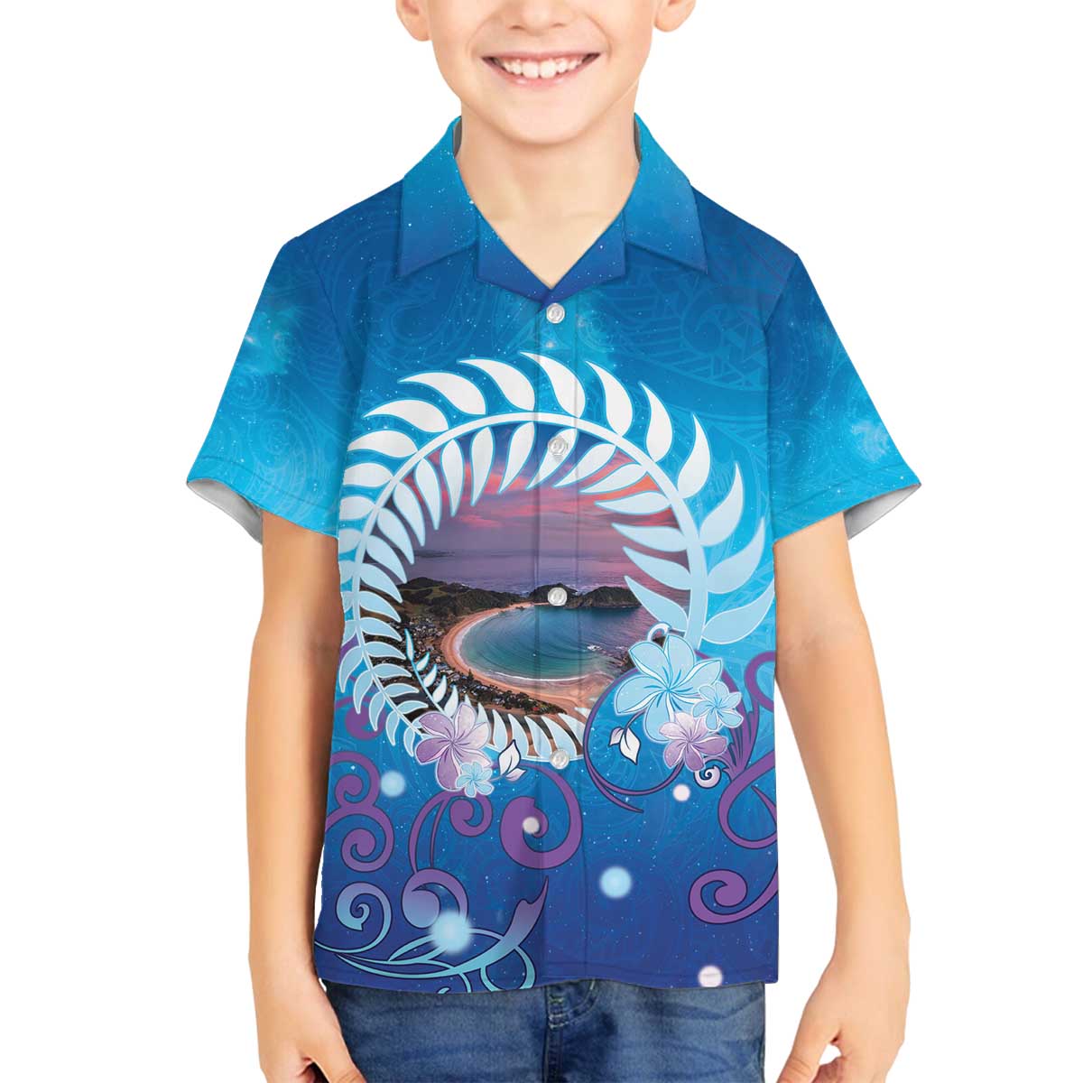 New Zealand Matapouri Beach Landscape Family Matching Off The Shoulder Long Sleeve Dress and Hawaiian Shirt LT05 Son's Shirt Blue - Polynesian Pride
