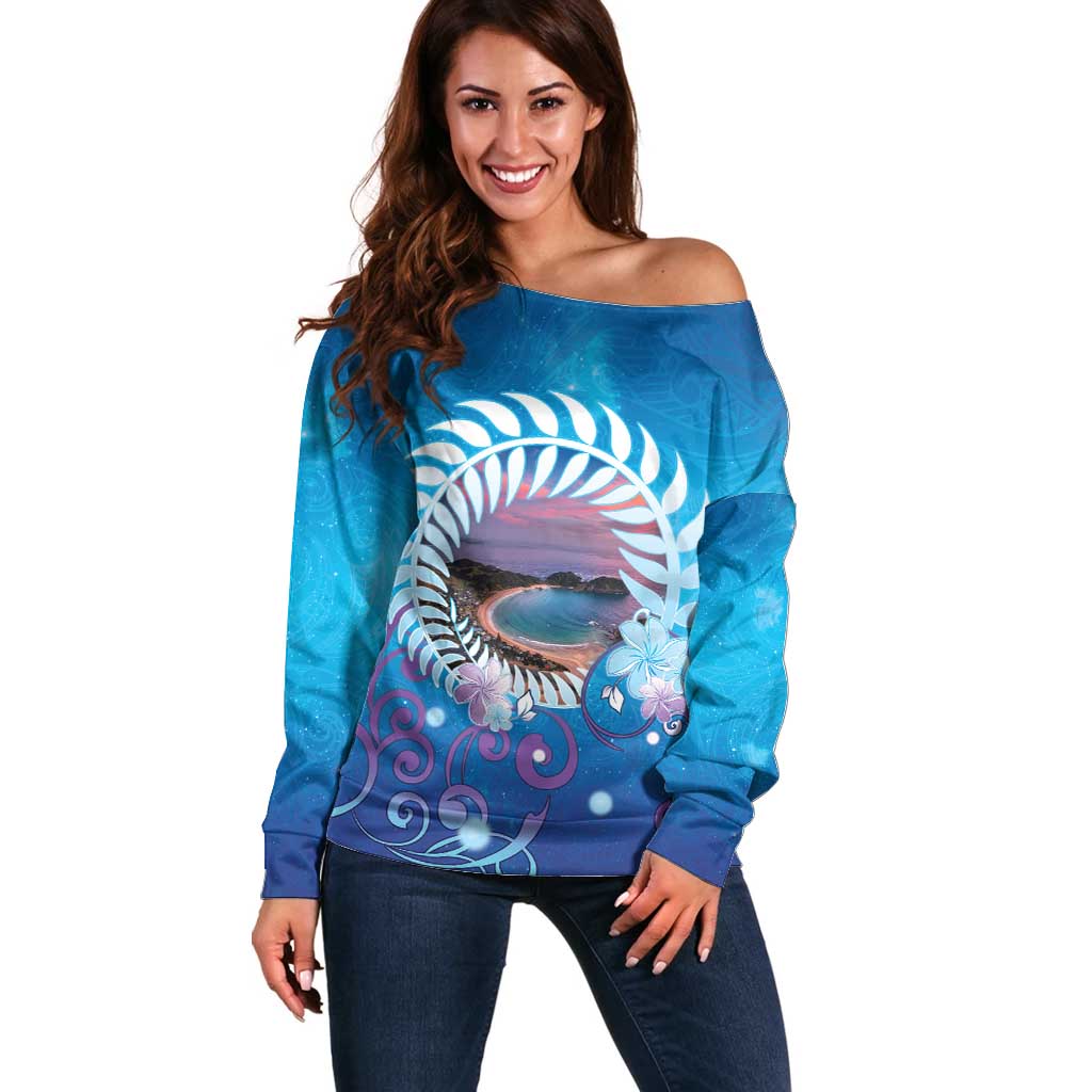New Zealand Matapouri Beach Landscape Off Shoulder Sweater LT05 Women Blue - Polynesian Pride