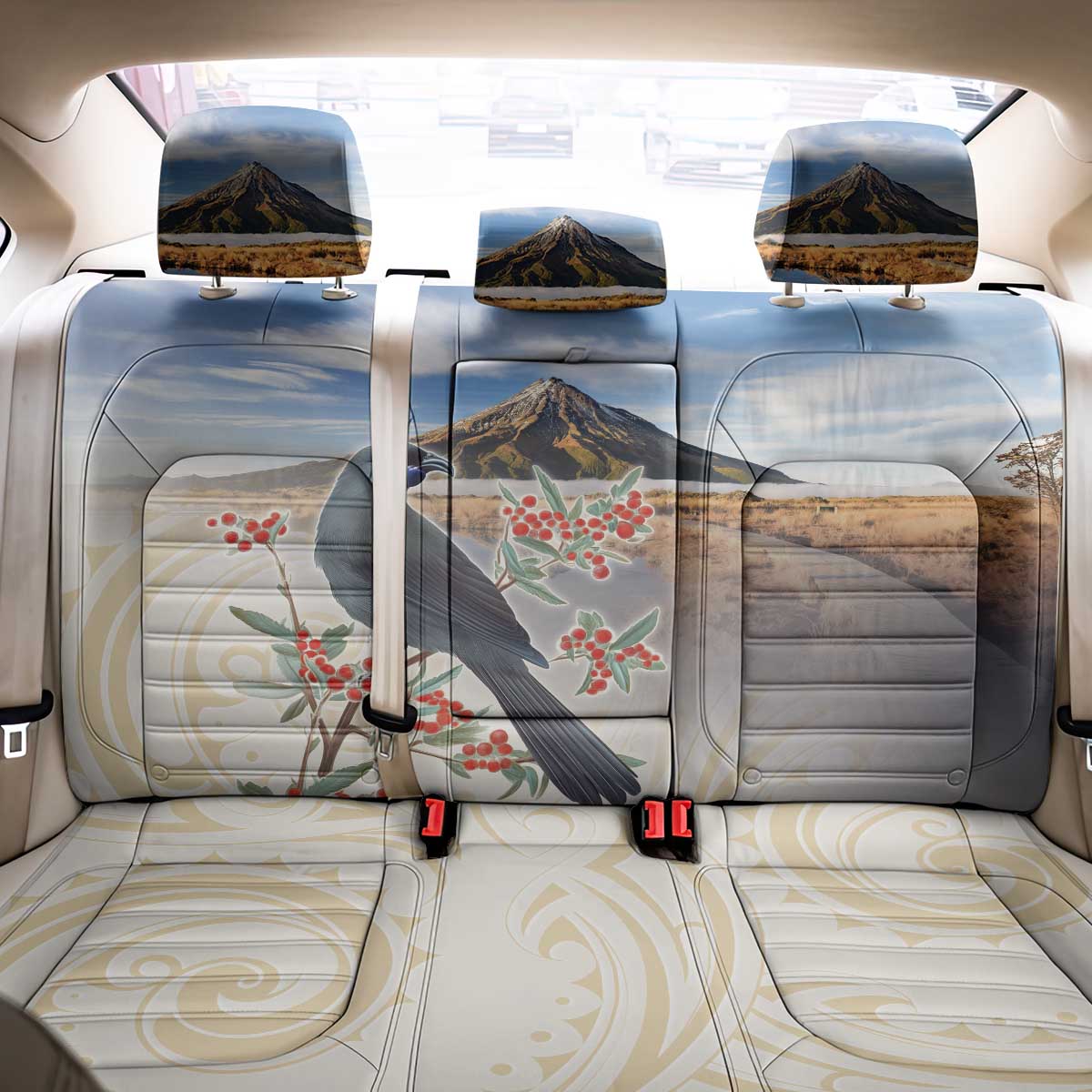 New Zealand Mount Taranaki Landscape Back Car Seat Cover Kokako Bird Polynesian Style LT05 - Polynesian Pride