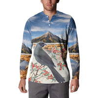 New Zealand Mount Taranaki Landscape Button Sweatshirt Kokako Bird Polynesian Style