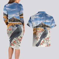New Zealand Mount Taranaki Landscape Couples Matching Long Sleeve Bodycon Dress and Hawaiian Shirt Kokako Bird Polynesian Style LT05 - Polynesian Pride