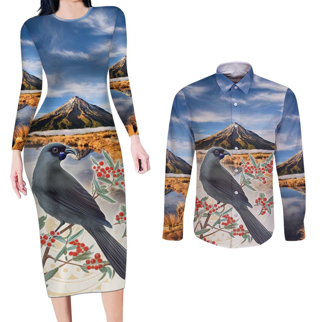 New Zealand Mount Taranaki Landscape Couples Matching Long Sleeve Bodycon Dress and Long Sleeve Button Shirt Kokako Bird Polynesian Style LT05 Blue - Polynesian Pride