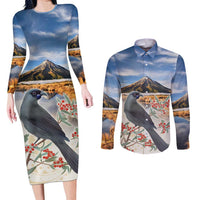 New Zealand Mount Taranaki Landscape Couples Matching Long Sleeve Bodycon Dress and Long Sleeve Button Shirt Kokako Bird Polynesian Style LT05 Blue - Polynesian Pride