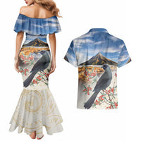 New Zealand Mount Taranaki Landscape Couples Matching Mermaid Dress and Hawaiian Shirt Kokako Bird Polynesian Style LT05 - Polynesian Pride