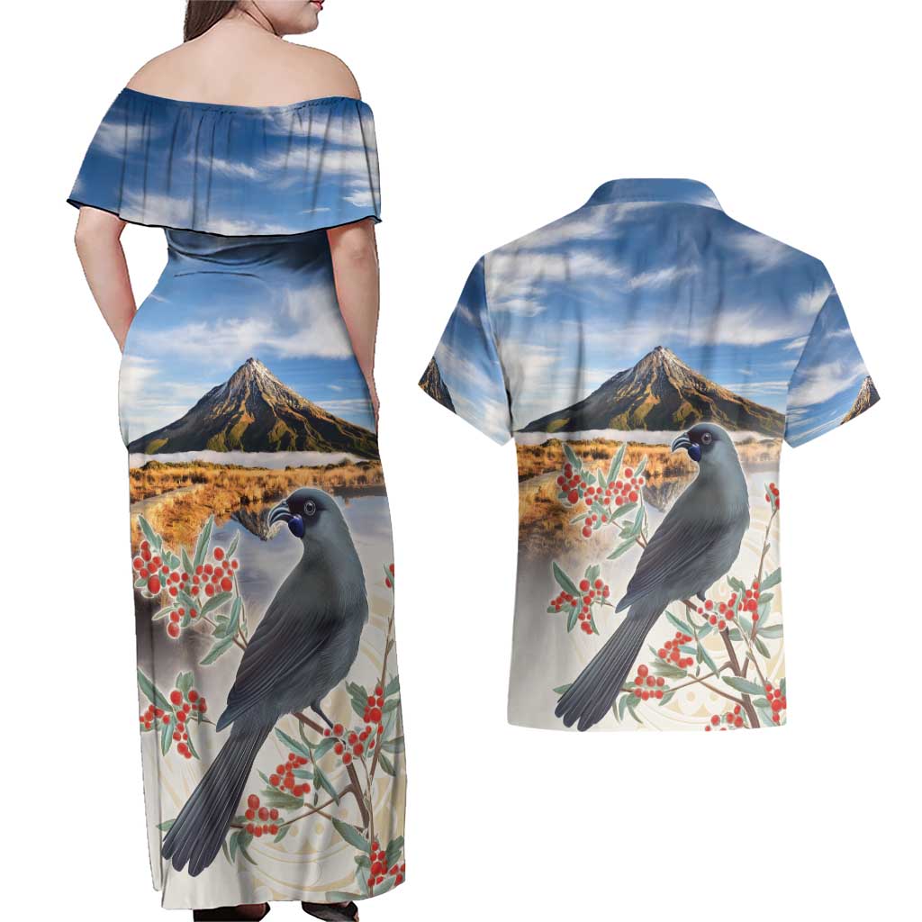New Zealand Mount Taranaki Landscape Couples Matching Off Shoulder Maxi Dress and Hawaiian Shirt Kokako Bird Polynesian Style LT05 - Polynesian Pride