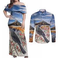 New Zealand Mount Taranaki Landscape Couples Matching Off Shoulder Maxi Dress and Long Sleeve Button Shirt Kokako Bird Polynesian Style LT05 Blue - Polynesian Pride