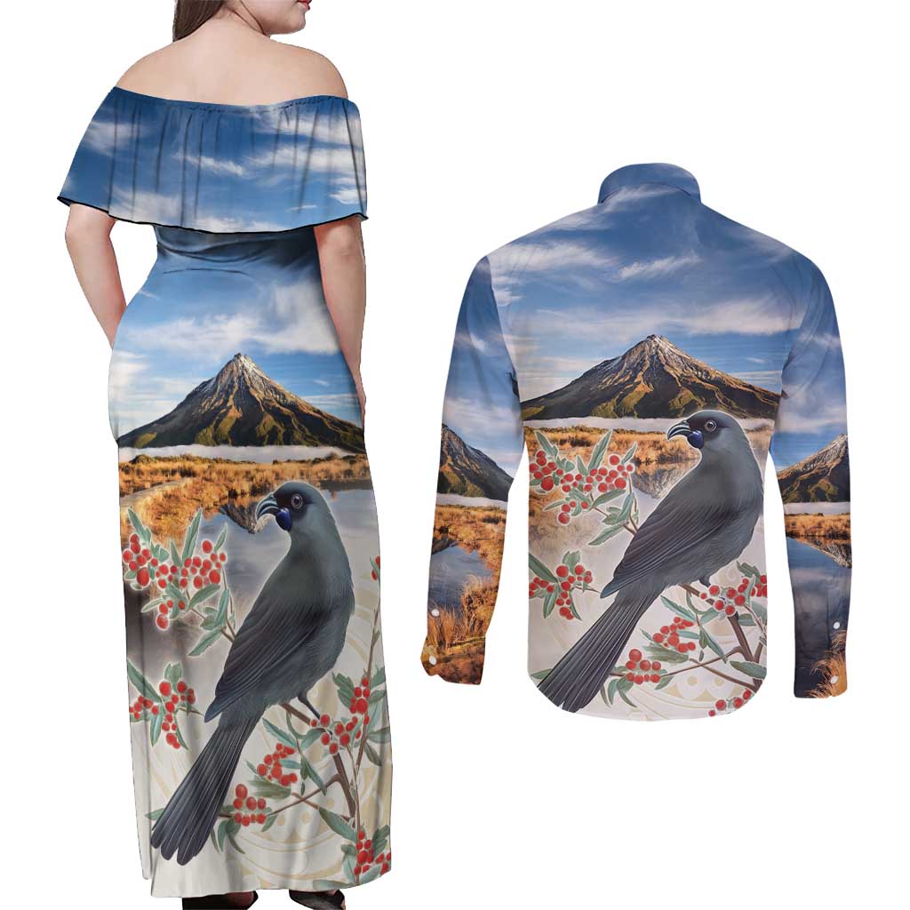 New Zealand Mount Taranaki Landscape Couples Matching Off Shoulder Maxi Dress and Long Sleeve Button Shirt Kokako Bird Polynesian Style LT05 - Polynesian Pride