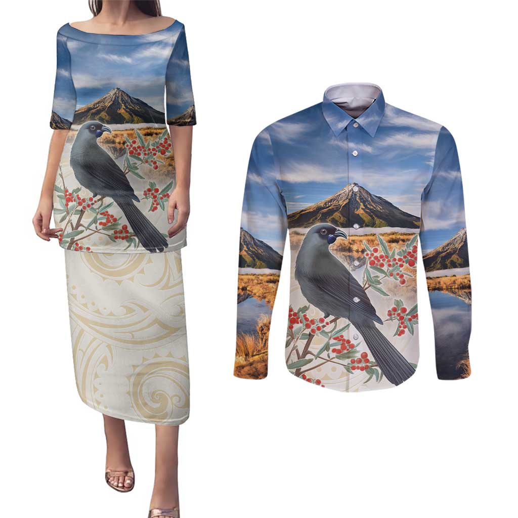 New Zealand Mount Taranaki Landscape Couples Matching Puletasi and Long Sleeve Button Shirt Kokako Bird Polynesian Style LT05 Blue - Polynesian Pride