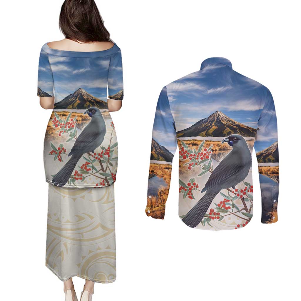 New Zealand Mount Taranaki Landscape Couples Matching Puletasi and Long Sleeve Button Shirt Kokako Bird Polynesian Style LT05 - Polynesian Pride