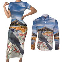 New Zealand Mount Taranaki Landscape Couples Matching Short Sleeve Bodycon Dress and Long Sleeve Button Shirt Kokako Bird Polynesian Style LT05 Blue - Polynesian Pride