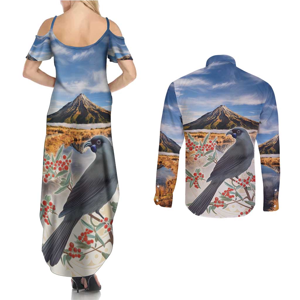 New Zealand Mount Taranaki Landscape Couples Matching Summer Maxi Dress and Long Sleeve Button Shirt Kokako Bird Polynesian Style LT05 - Polynesian Pride