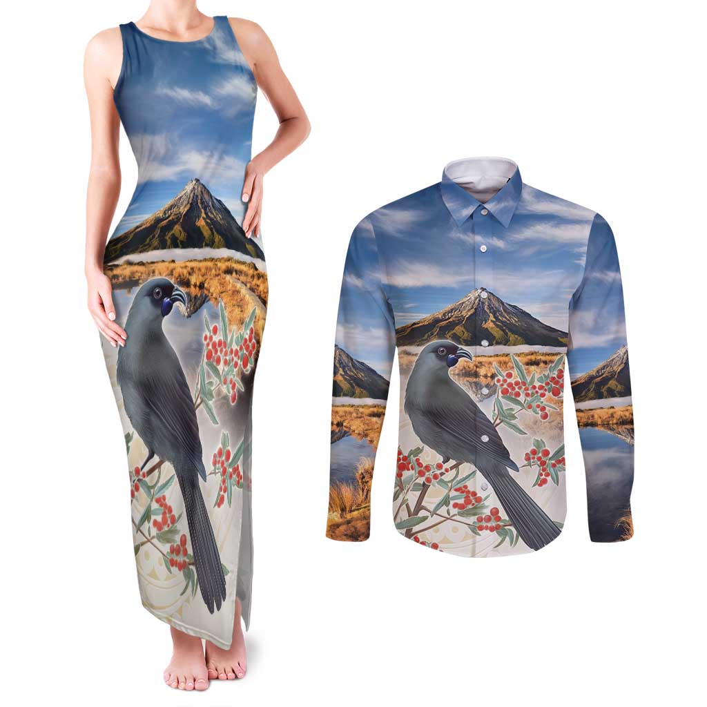 New Zealand Mount Taranaki Landscape Couples Matching Tank Maxi Dress and Long Sleeve Button Shirt Kokako Bird Polynesian Style LT05 Blue - Polynesian Pride