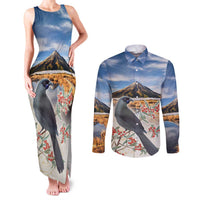 New Zealand Mount Taranaki Landscape Couples Matching Tank Maxi Dress and Long Sleeve Button Shirt Kokako Bird Polynesian Style LT05 Blue - Polynesian Pride