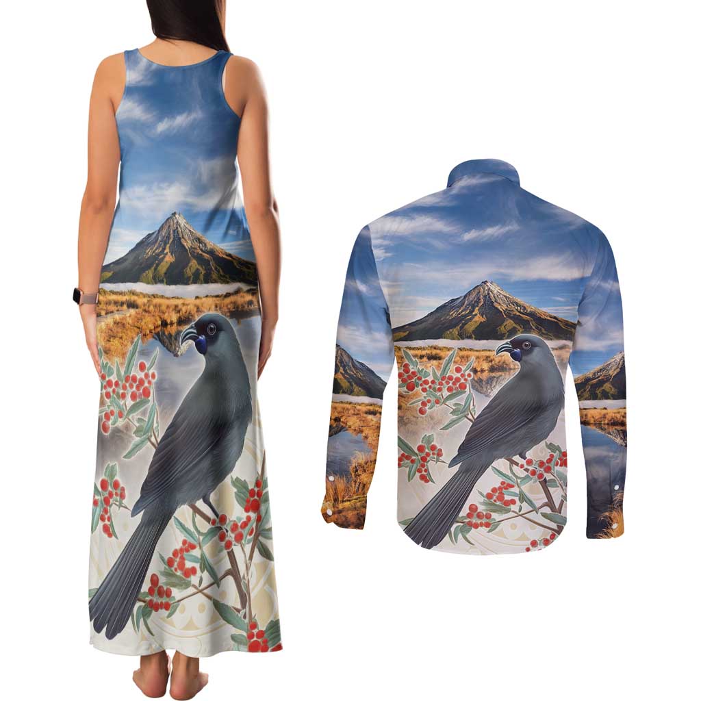 New Zealand Mount Taranaki Landscape Couples Matching Tank Maxi Dress and Long Sleeve Button Shirt Kokako Bird Polynesian Style LT05 - Polynesian Pride