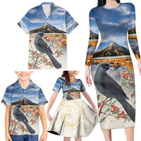 New Zealand Mount Taranaki Landscape Family Matching Long Sleeve Bodycon Dress and Hawaiian Shirt Kokako Bird Polynesian Style LT05 - Polynesian Pride