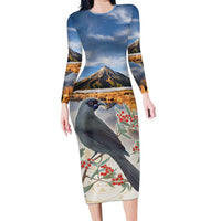 New Zealand Mount Taranaki Landscape Family Matching Long Sleeve Bodycon Dress and Hawaiian Shirt Kokako Bird Polynesian Style LT05 Mom's Dress Blue - Polynesian Pride
